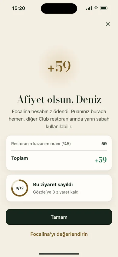 Hesap ödendi ekranı: artı 59 puan, Afiyet olsun mesajı