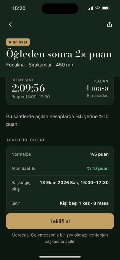 Altın Saat teklifi: öğleden sonra iki kat puan, kalan süre ve masa sayısı