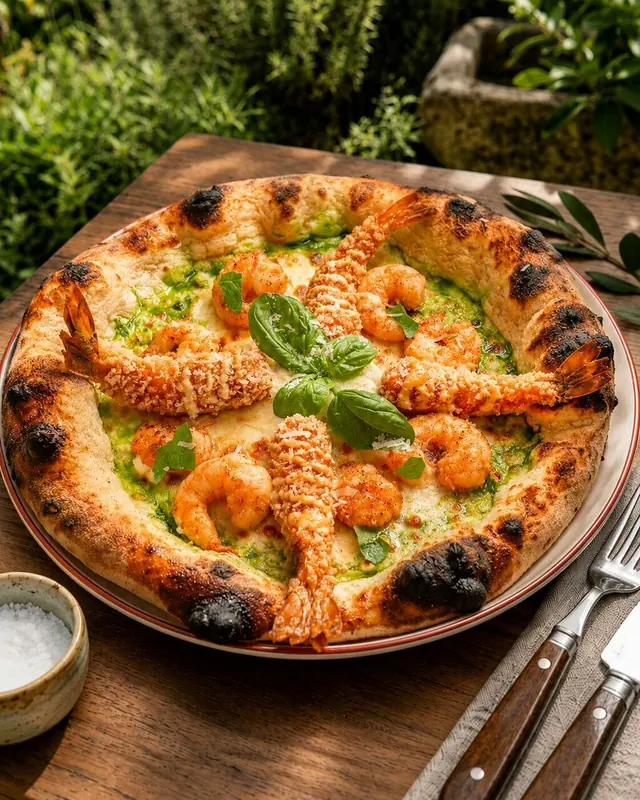 Taş fırından çıkmış karidesli pizza