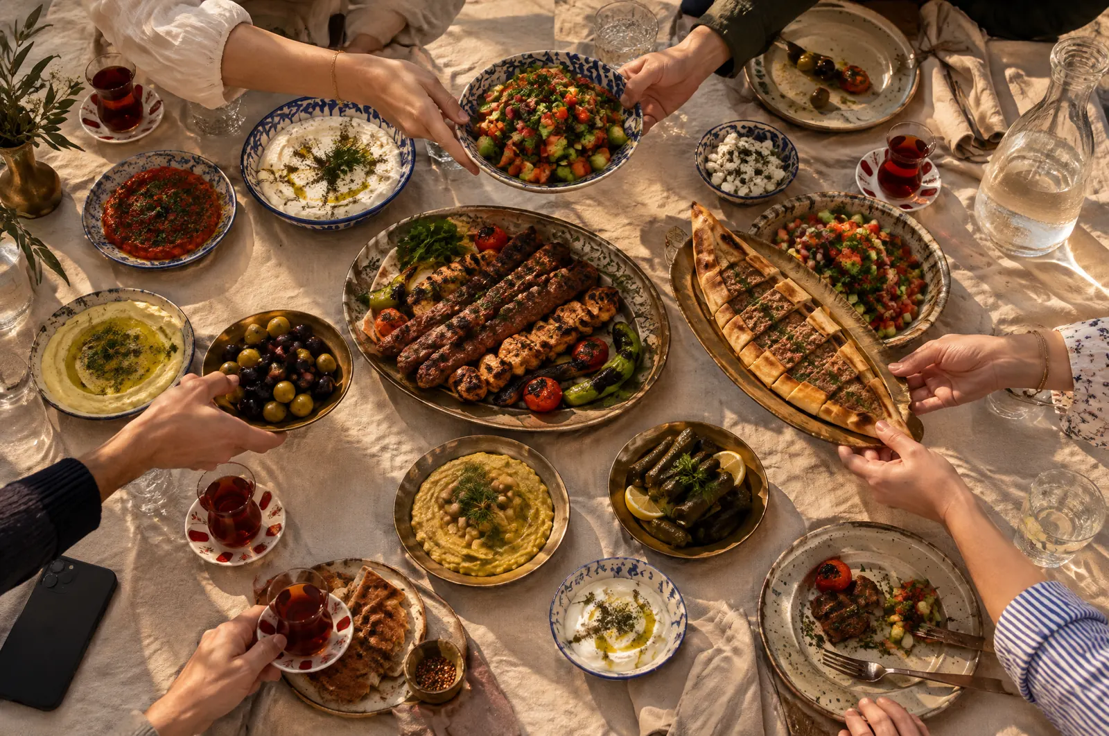 Kalabalık bir sofrada uzanan eller, meze tabakları ve çay bardakları